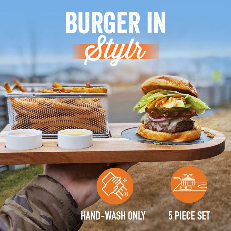 Yukon Gloryâ„¢ Burger Serving Set, Perfect For Foodies, Burger Lovers and Tablescapes, Includes Premium Acacia Wood Board With Slate, Stainless Steel Fry Basket and Porcelain Condiment Cups, - Image 3
